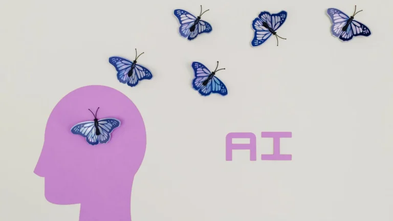 Surreal AI conceptual art featuring butterflies and a human head silhouette in a minimalistic style.