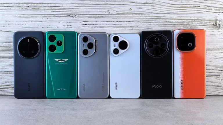 Array of modern smartphones displayed against a wooden texture, showcasing different designs and colors.
